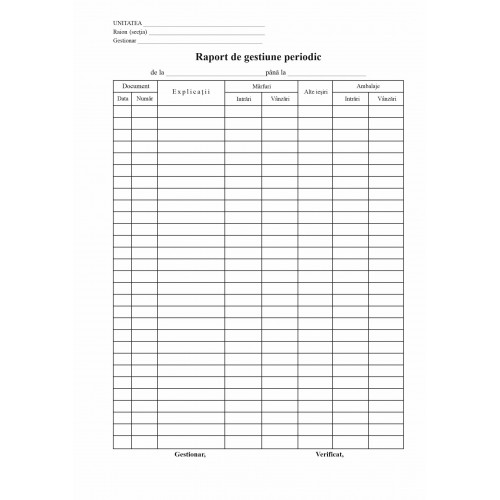 Raport de gestiune zilnic A4 - autocopiativ; Carnet capsat 50 seturi, 2 ex/set, hartie